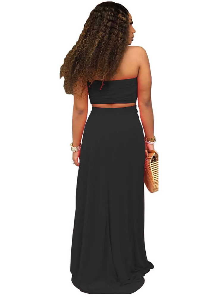 2 Pieces Strapless Crop Top Solid Color Maxi Dresses