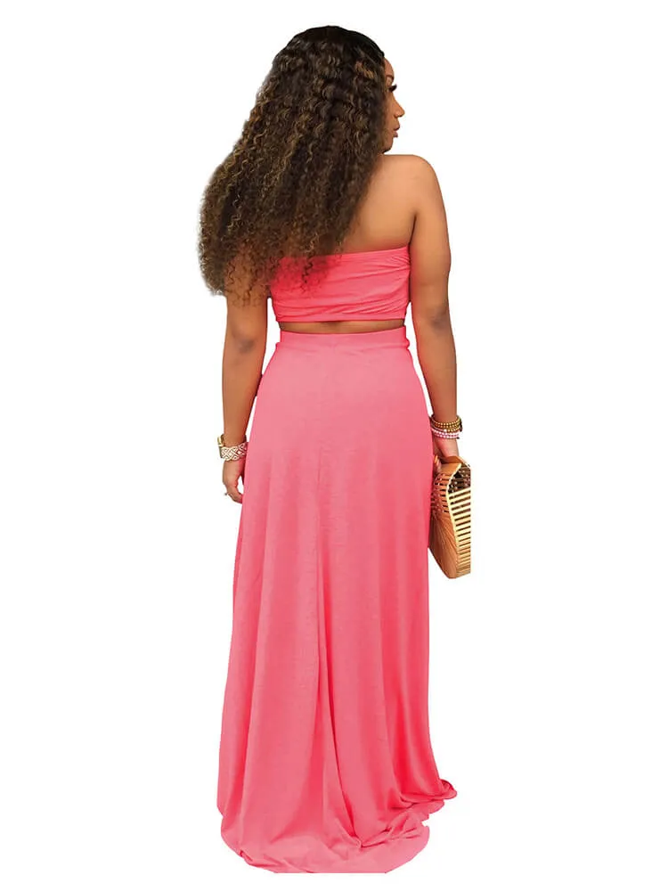 2 Pieces Strapless Crop Top Solid Color Maxi Dresses