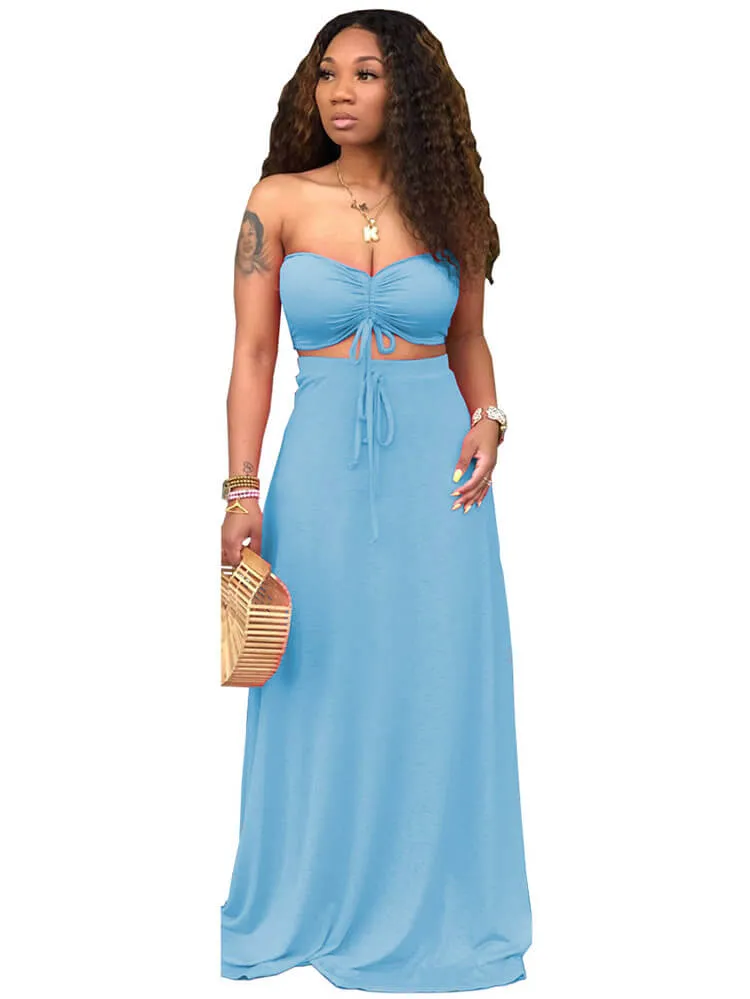 2 Pieces Strapless Crop Top Solid Color Maxi Dresses