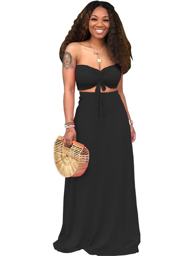 2 Pieces Strapless Crop Top Solid Color Maxi Dresses