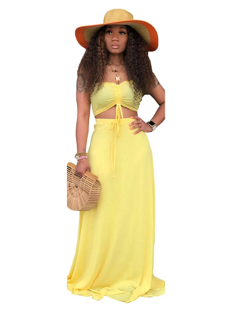 2 Pieces Strapless Crop Top Solid Color Maxi Dresses