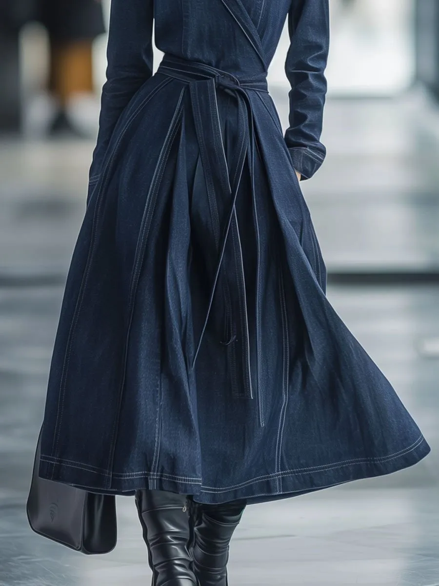 【24-hour shipping】Casual Loose Retro Belted Long Sleeve Trench Coat Denim Midi Dress