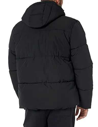 Amazon Essentials Men's Recycled Polyester Mid-Length Hooded Puffer (Available in Big & Tall), Black, Medium