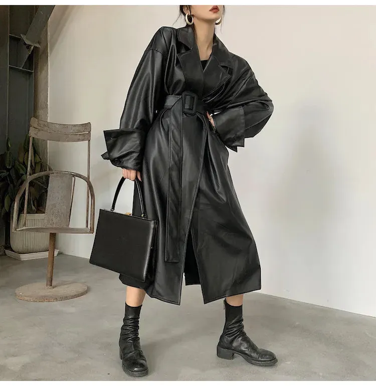 Amelia Luxe Long Leather Trench Coat