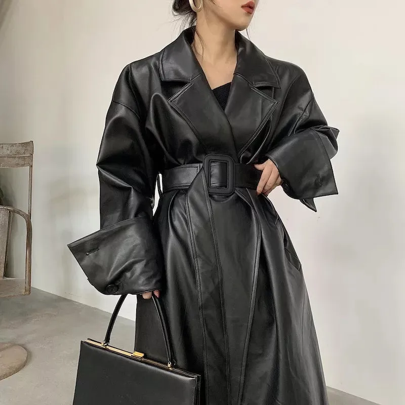 Amelia Luxe Long Leather Trench Coat