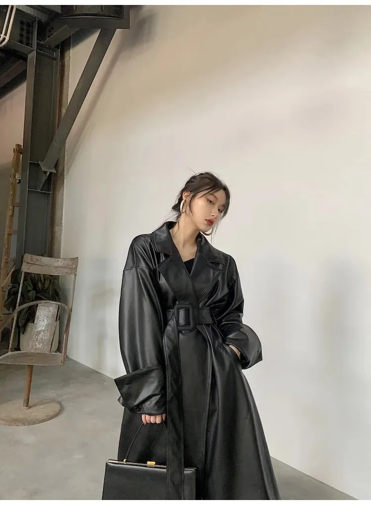 Amelia Luxe Long Leather Trench Coat