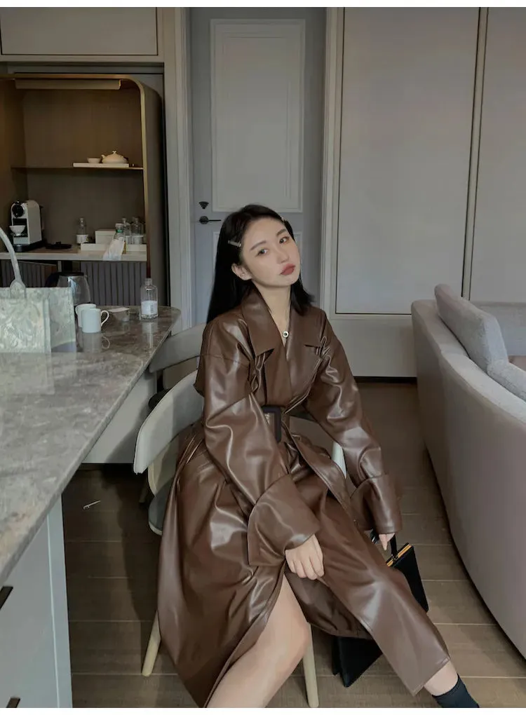 Amelia Luxe Long Leather Trench Coat