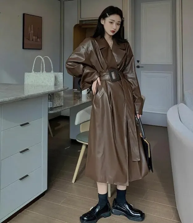 Amelia Luxe Long Leather Trench Coat