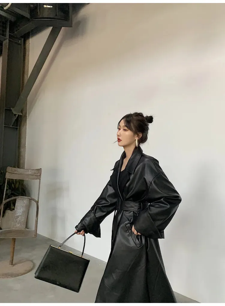 Amelia Luxe Long Leather Trench Coat