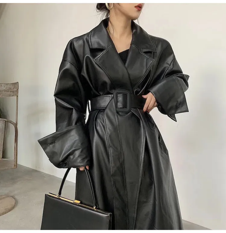 Amelia Luxe Long Leather Trench Coat