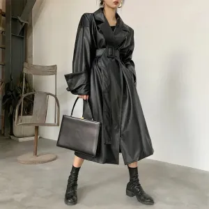 Amelia Luxe Long Leather Trench Coat