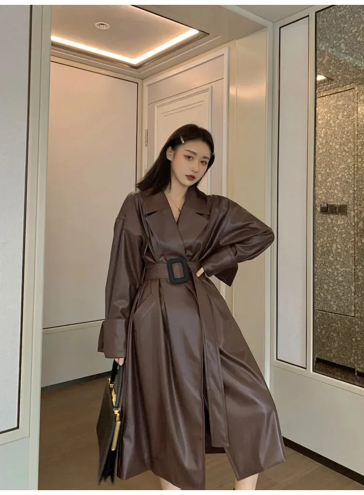 Amelia Luxe Long Leather Trench Coat