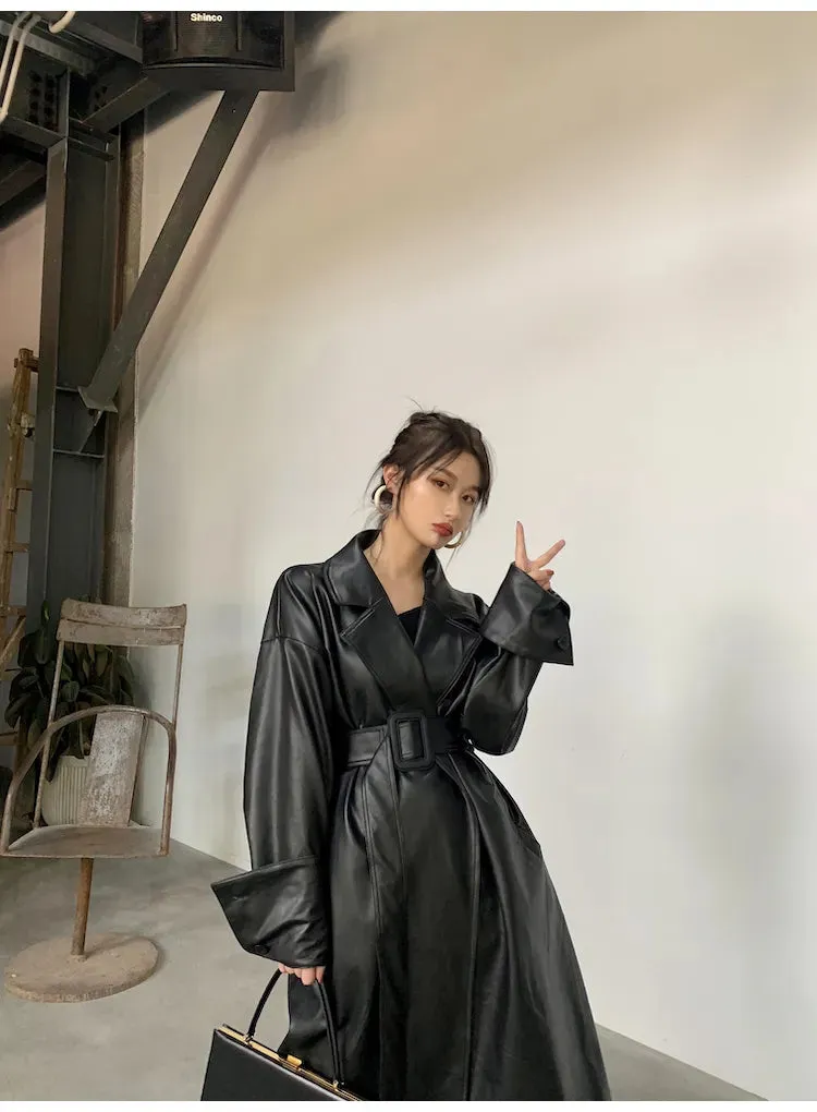 Amelia Luxe Long Leather Trench Coat