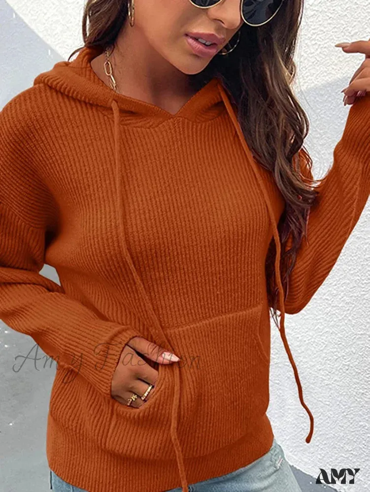 Amy Fashion - Women's Rib-Knit Hooded Sweaters Cozy Drawstring Pullover