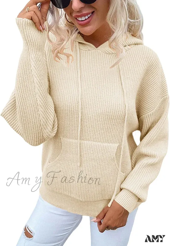 Amy Fashion - Women's Rib-Knit Hooded Sweaters Cozy Drawstring Pullover