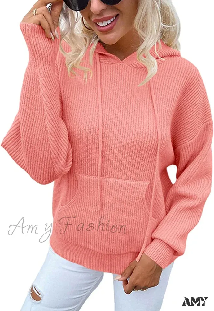 Amy Fashion - Women's Rib-Knit Hooded Sweaters Cozy Drawstring Pullover