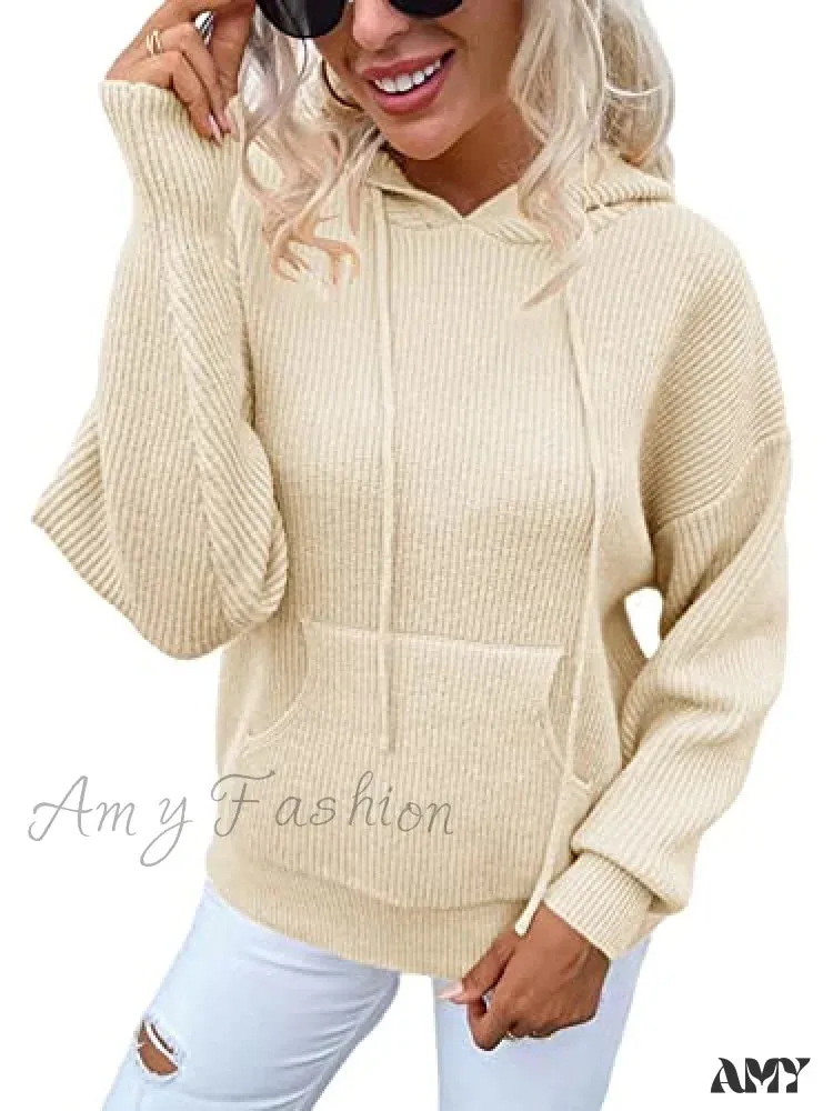 Amy Fashion - Women's Rib-Knit Hooded Sweaters Cozy Drawstring Pullover