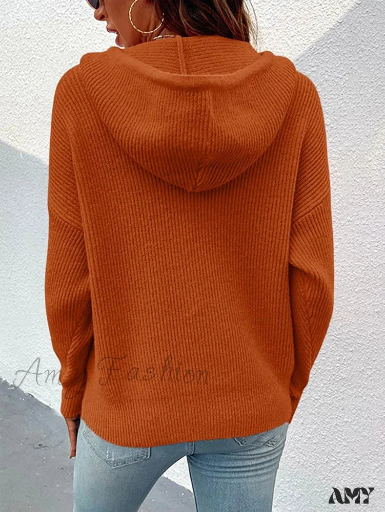 Amy Fashion - Women's Rib-Knit Hooded Sweaters Cozy Drawstring Pullover