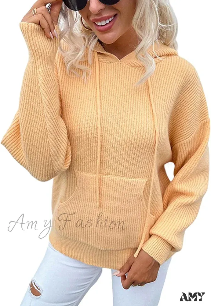 Amy Fashion - Women's Rib-Knit Hooded Sweaters Cozy Drawstring Pullover