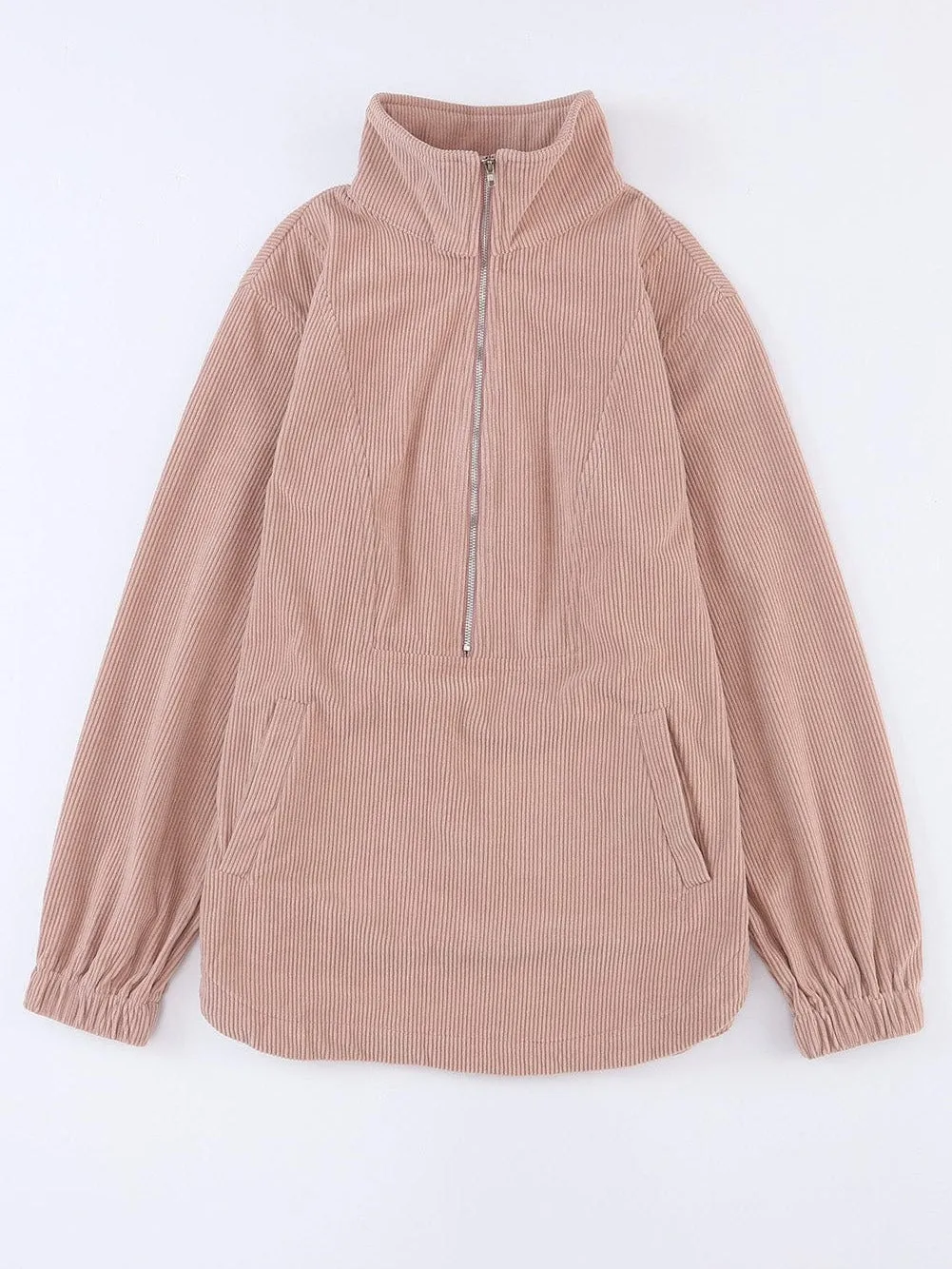 Apricot Corduroy Half Zip Kangaroo Pocket Sweatshirt