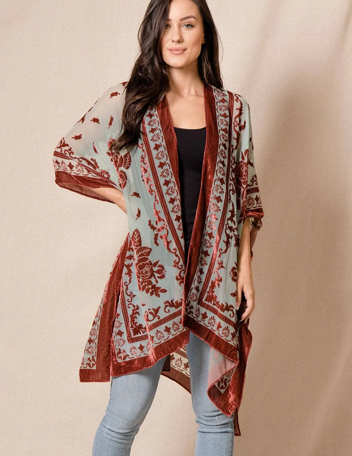 Ariana Velvet Burnout Kimono - Rust