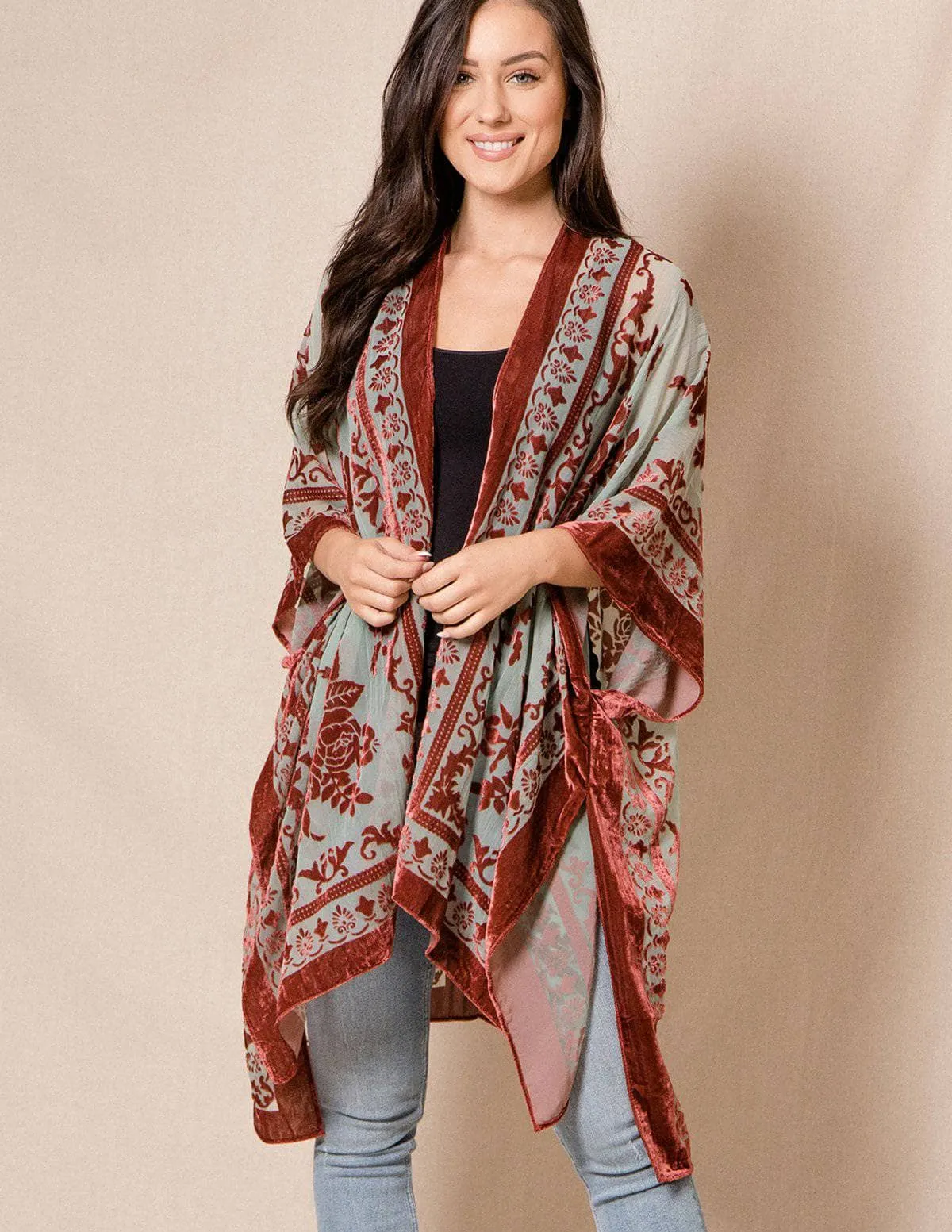 Ariana Velvet Burnout Kimono - Rust