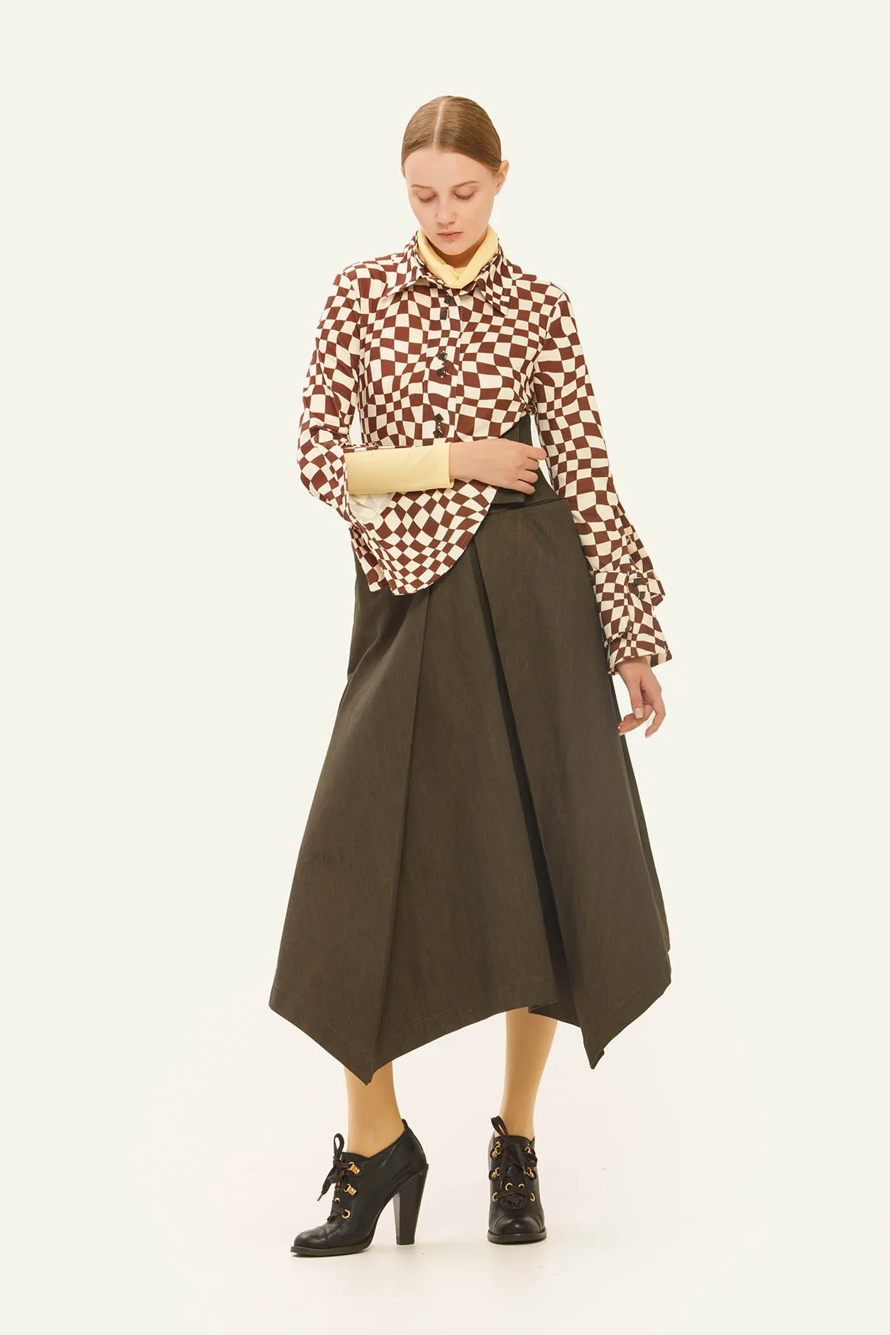 Asymmetrical Hem High-Waisted Denim Skirt Brown