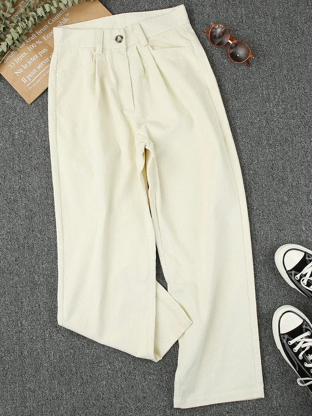 Beige Corduroy High Waist Trousers for Winter Casual Wear