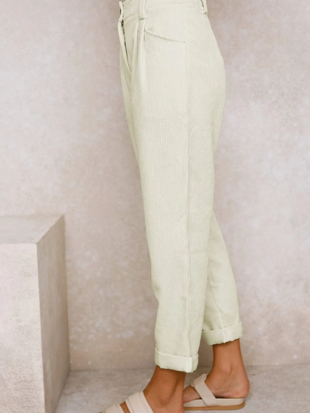 Beige Corduroy High Waist Trousers for Winter Casual Wear