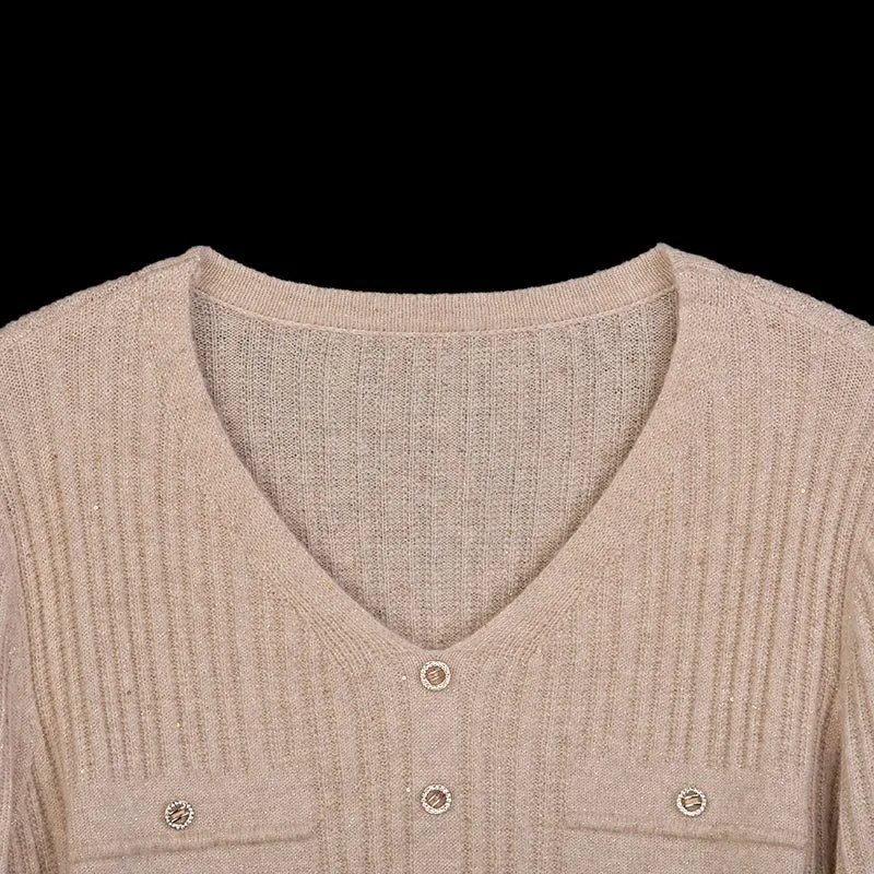 Beige Wool V Neck Sweater