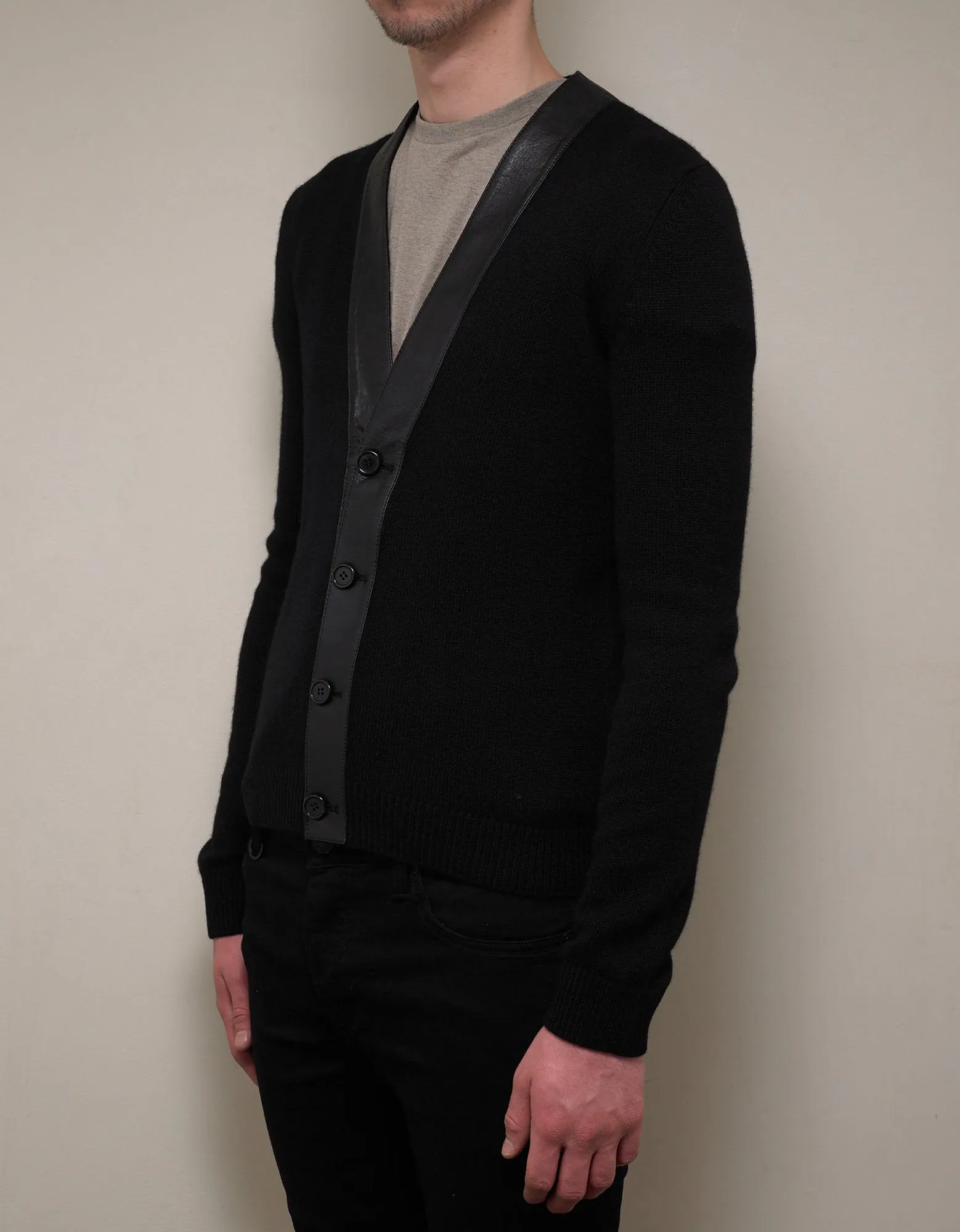 Black Cashmere Cardigan with Leather Trim