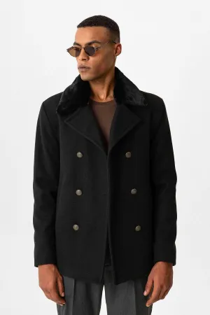 Black Fur Collar Double-Breasted Men's Coat - Wessi