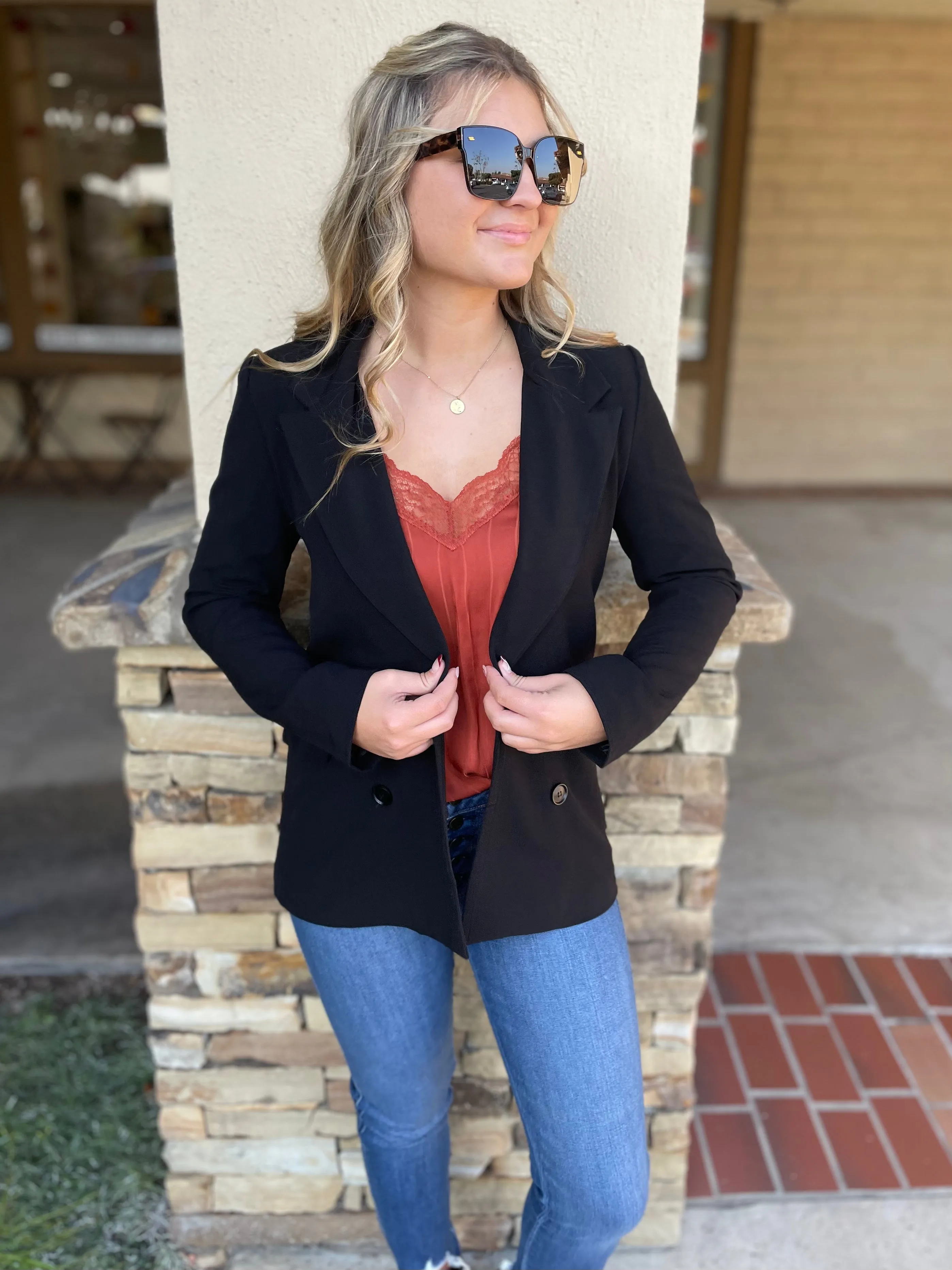 Black Open Double Breasted Blazer w/Pockets