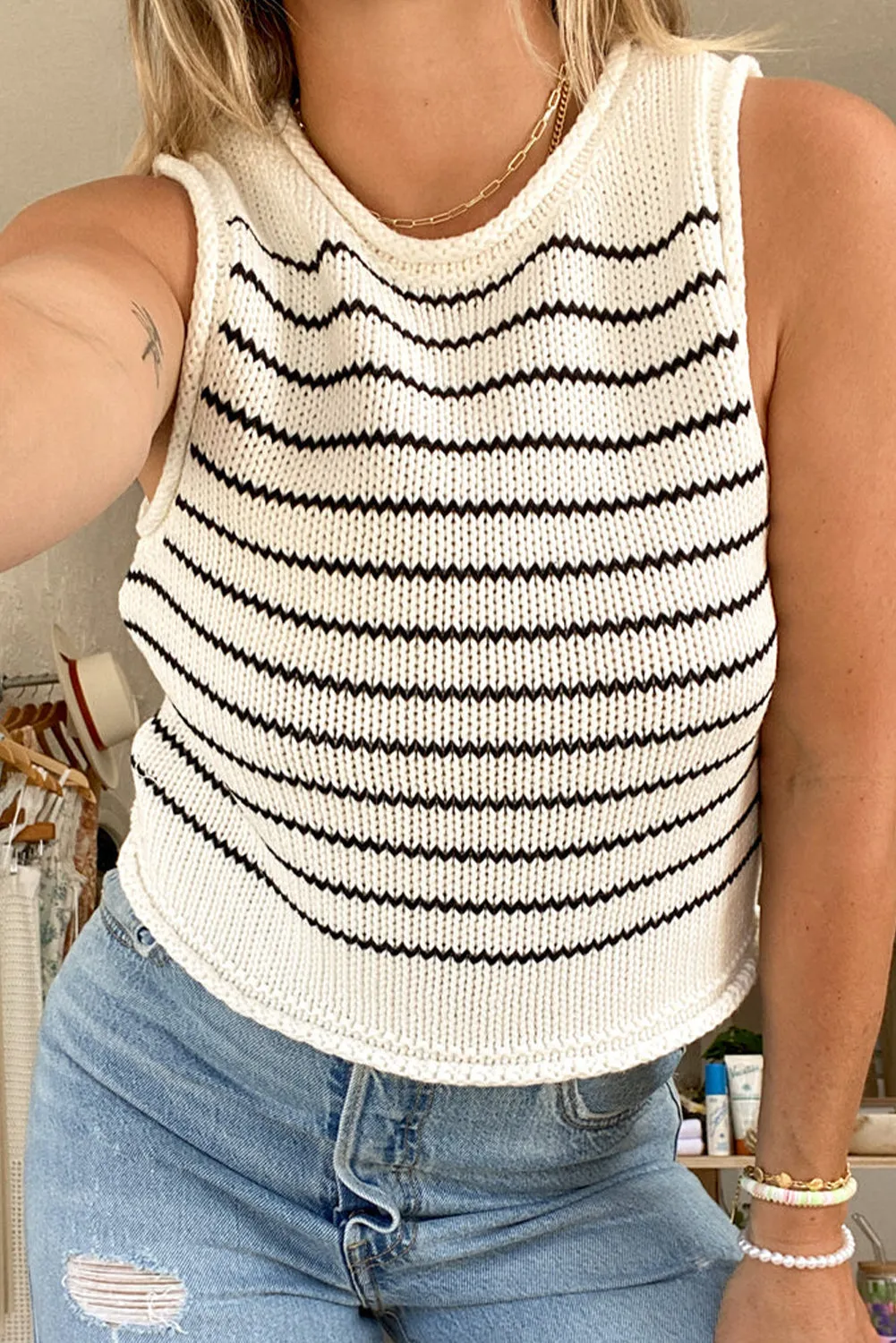 Black Stripe Raw Edge Crew Neck Knitted Vest