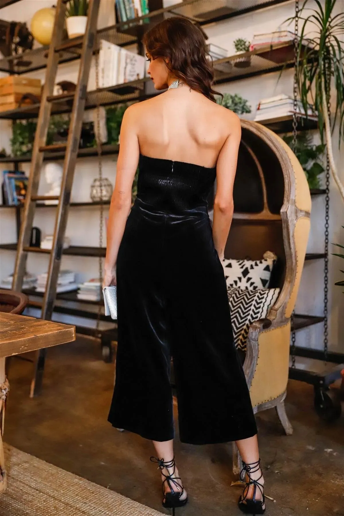 Black Velvet Off-The-Shoulder Front Buckle Belt Jumpsuit