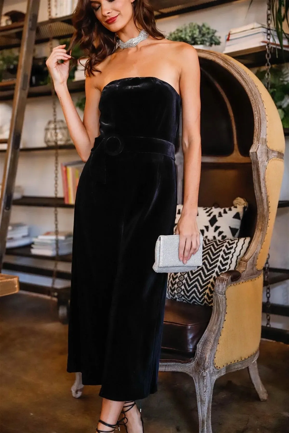 Black Velvet Off-The-Shoulder Front Buckle Belt Jumpsuit