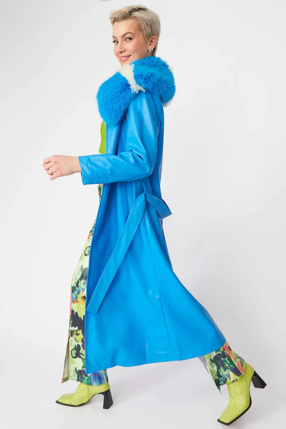 Blue Tencel Blend Eco Leather Trench Coat