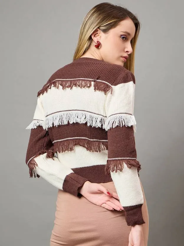 Brown & White Self design Sweater