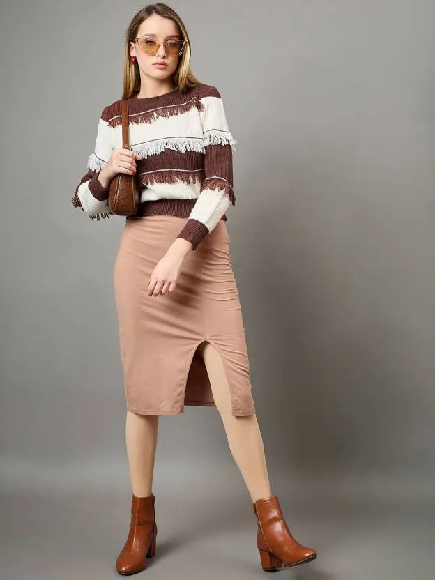 Brown & White Self design Sweater