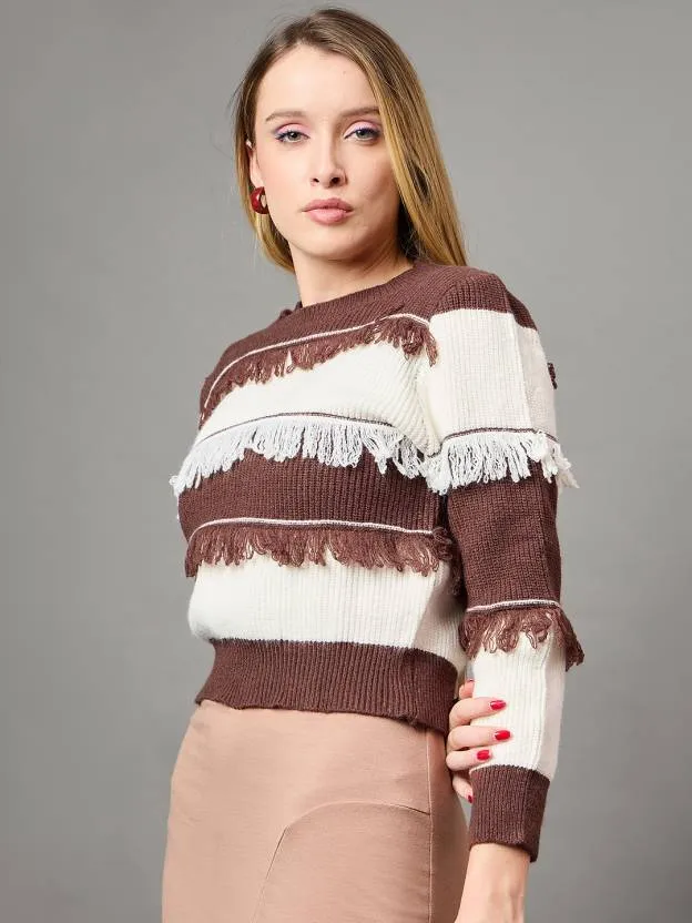 Brown & White Self design Sweater