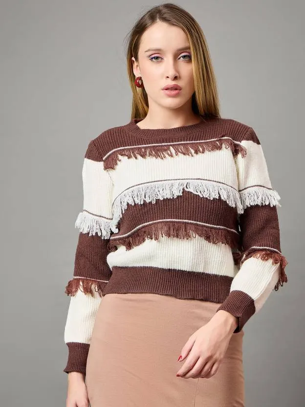 Brown & White Self design Sweater