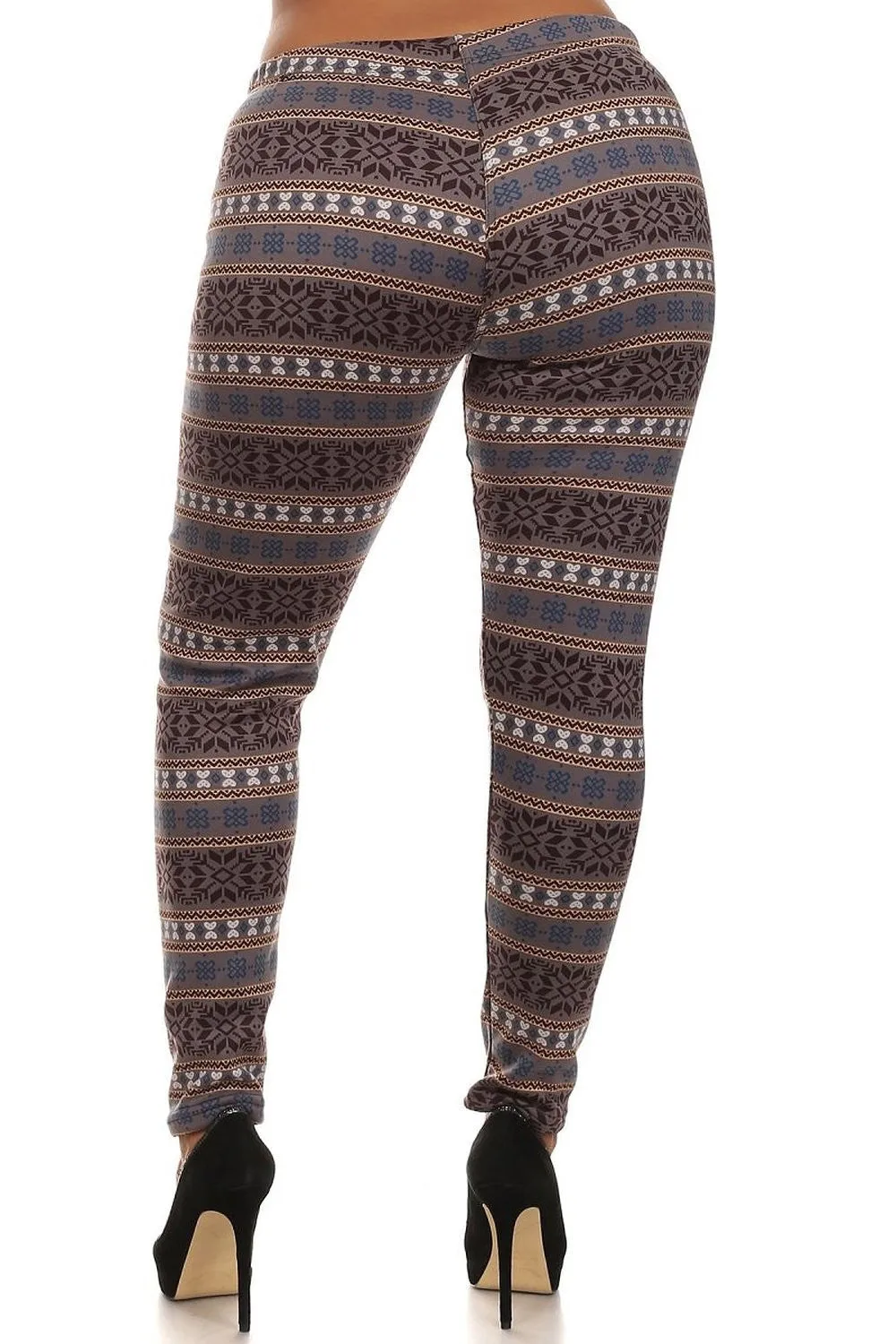 Brown Beige Snowflake Winter Fleece Lined Plus Stretch Leggings