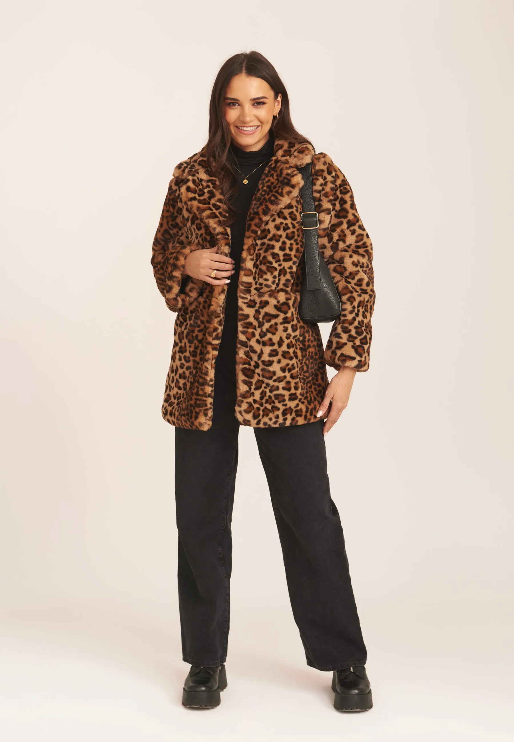 Brown Leopard Print Faux Fur Coat Jacket