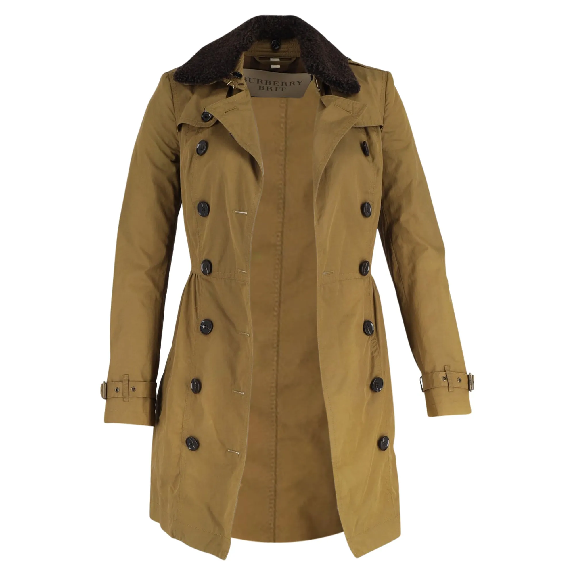 Burberry Brit Long Shearling Collar Trench Coat in Olive Cotton