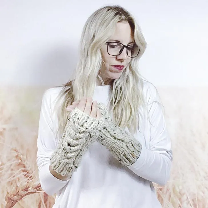 Cable Knit Fingerless Driving Gloves for Women, Knitted Wrist Arm Warmers in Oatmeal