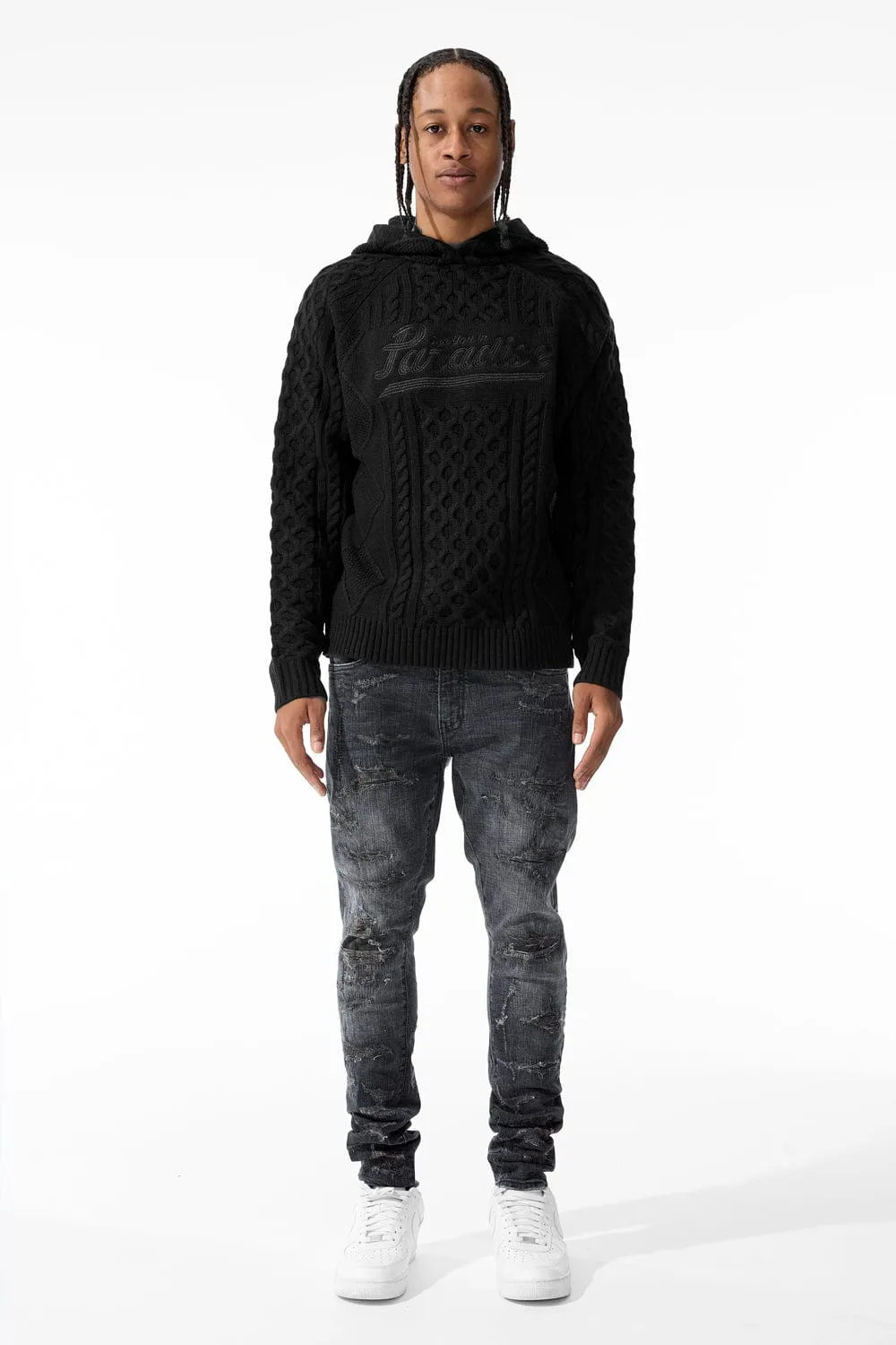 Cable Knit Hooded Sweater (Black)