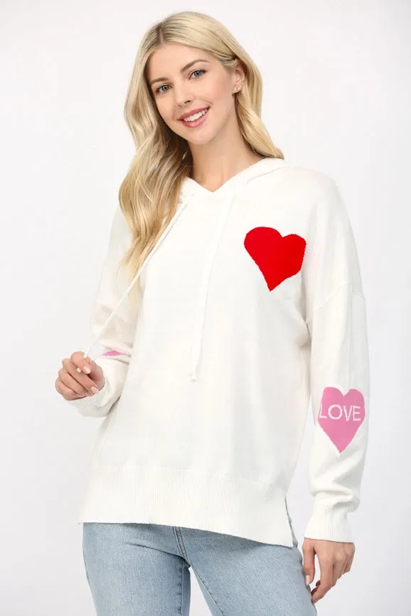 Cashmere Blend Heart Intarsia Knit Hooded Sweater