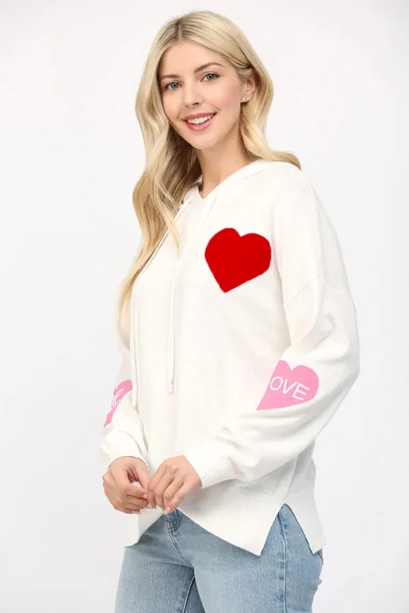 Cashmere Blend Heart Intarsia Knit Hooded Sweater