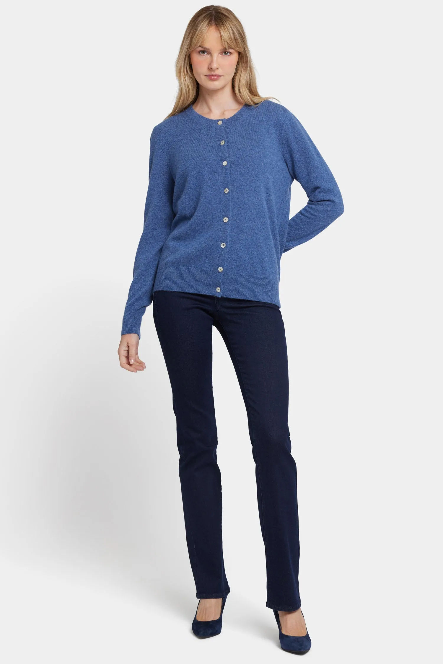 Cashmere Crewneck Cardigan - Heather Blue