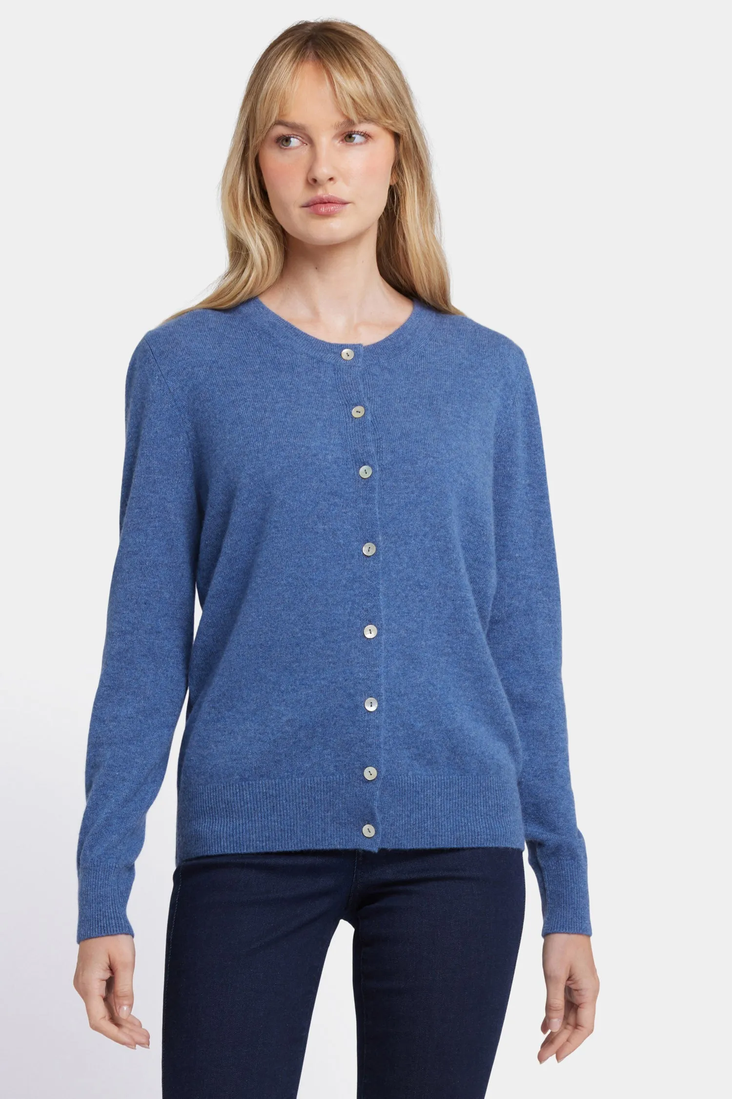 Cashmere Crewneck Cardigan - Heather Blue